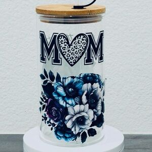 18oz Floral MOM Glass Tumbler with Bamboo Lid